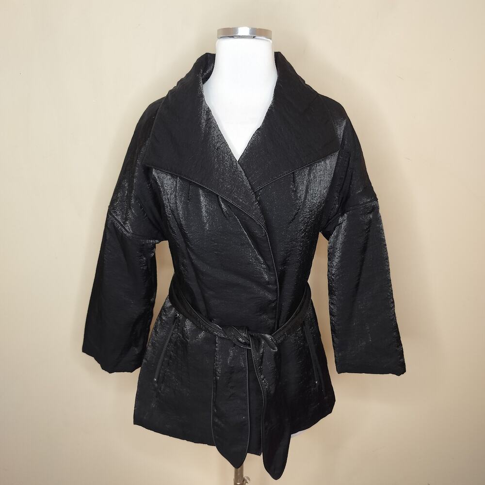 Magaschoni Belted Coat Zipper Pockets Black Shiny